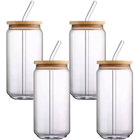 Glass Can Cup Set with Bamboo Lids
